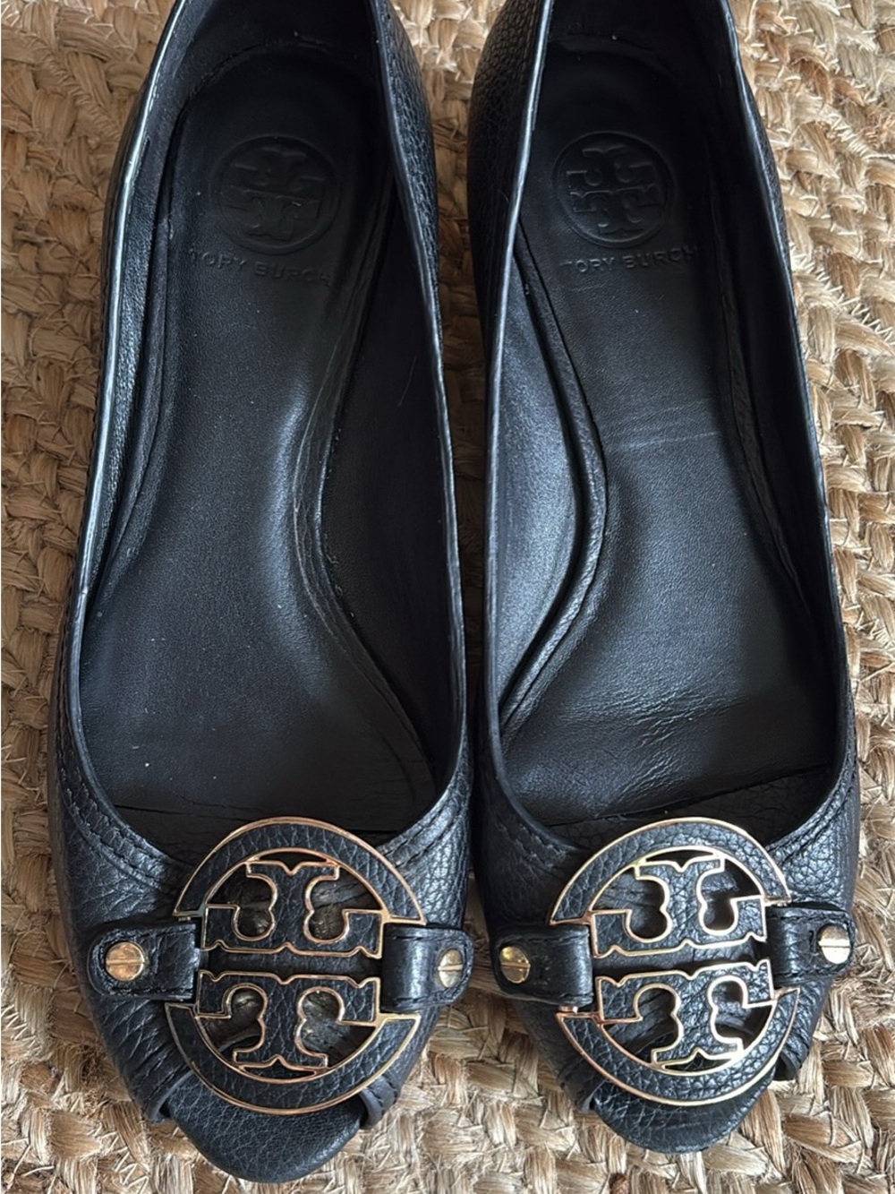 Tory Burch Black Leather Ballet Flats w/ Gold Logo, Size 9M